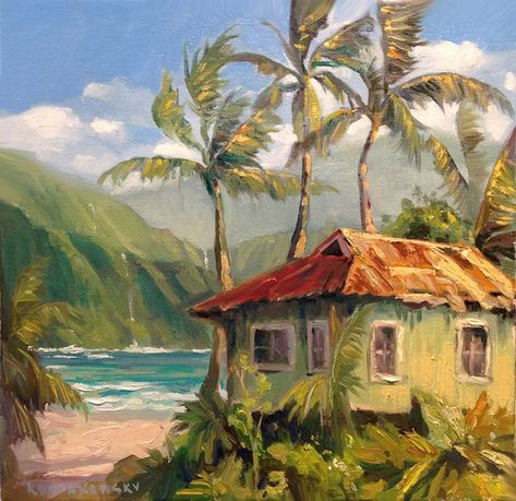 Old Hawaii, Hawaii Painting, Tropical Painting, Hawaii Art, Caribbean Art, Hawaiian Art, Surf Shack, Landscape Design Plans, Island Art