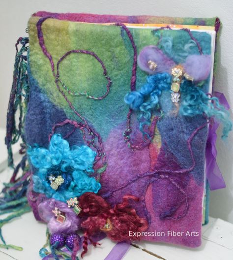 • How to Make a FUN and FUNKY Felted Journal Cover! - Expression Fiber Arts | A Positive Twist on Yarn Colorful Scrapbook, Wet Felting Tutorial, Tovad Ull, Felting Tutorial, Glow Lamp, Expression Fiber Arts, Lovely Morning, Felt Pictures, Wet Felting Projects