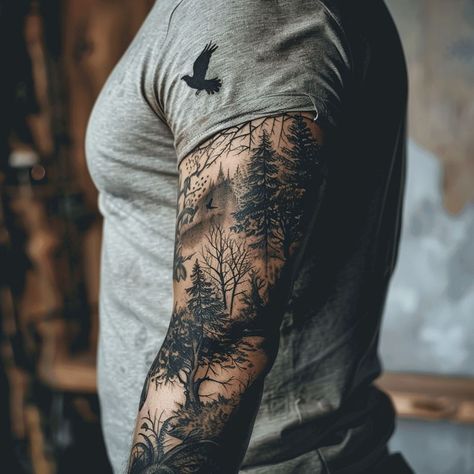 Camo Tattoo Sleeve, Bicep Half Sleeve Tattoo Men, Forest Tattoo Leg Sleeve, Animal Bicep Tattoo Men, Full Sleeve Tattoo Ideas For Men, Forearm Nature Tattoo Men, Elk Tattoo Men Forearm, Forest Tattoo Shoulder, Nature Men Tattoos