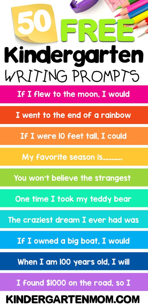 50 FREE Kindergarten Writing Prompts for kids!  These free story starters will inspired your kindergarten students to finish the story in their own writing journals. These are great for daily writing practice. Kindergarten Journals, Diy With Kids, Preschool Journals, Journal Prompts For Kids, Kindergarten Writing Prompts, Writing Journals, Writing Projects, Homeschool Writing, Writing Prompts For Kids