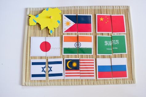 Flags Of Asia, Continents Activities, Language Activities Preschool, Asian Flags, Around The World Theme, Montessori Geography, Asia Continent, Map Activities, Mini Cards