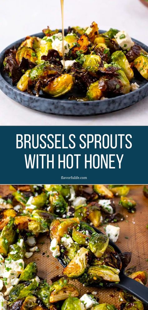 These hot honey brussels sprouts blend the sweet and spicy kick of hot honey with the tangy taste of feta cheese, creating a dish that is the best brussels sprouts recipe around. If you're searching for the best way to make brussel sprouts, this combination of flavors makes for a truly unique and delicious side dish. The honey and feta brussel sprouts are not just tasty but also nourishing and healthy! Feta Brussel Sprouts, Brussels Sprouts Oven, Brussel Sprout Side Dish, Best Brussels Sprouts, Hot Honey Recipe, Sprouts Recipe, Feta Recipes, Hot Honey, Sprout Recipes