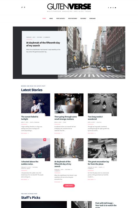 GutenVerse is a magazine and blog WordPress theme designed for content-rich websites, such as online magazines, blogs, news portals, and other editorial websites. It is built to work seamlessly with the Gutenberg editor, which is the default block editor in WordPress, offering a smooth content creation and editing experience. Blog Site Design Layout, Content Website Design, News Blog Website Design, News Portal Web Design, News Website Design Layout, Wordpress Website Design Inspiration, Website News Design, Blogging Website Design, Blogs Website Design