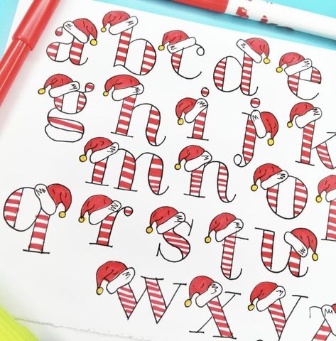 Christmas Hand Lettering Ideas, Christmas Title Ideas, Letter To Santa Ideas, Christmas Lettering Alphabet, Christmas Writing Fonts, Free Christmas Font, Christmas Alphabet Letters, Christmas Fonts Alphabet, Hand Lettering Alphabet Fonts