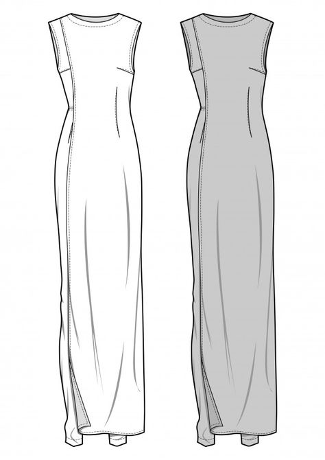 Flat Sketches Of Dresses, Fashion Flats Dress, Maxi Dress Flat Sketch, Maxi Dress Technical Drawing, Fashion Design Flats, Dresses Flat Sketch, Dress Templates Sewing, Dress Technical Flat, Abaya Sketch Design