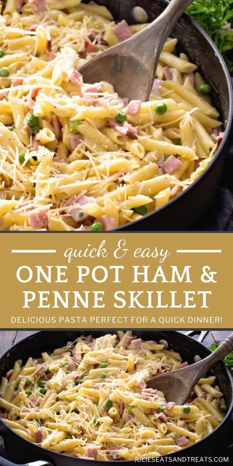 Wondering what to do with leftover ham? Use it up in this recipe! One Pot Ham & Penne Skillet can be done in 30 minutes. Both kids and adults will love this quick and easy meal loaded with ham, penne, and peas in a light homemade sauce! Try it for dinner tonight! Pasta In Oven, Leftover Ham Ideas, How To Reheat Pasta, Recipes For Leftover Ham, Peas And Cheese, Leftover Ham Recipes Casseroles, Ham Ideas, Reheat Pasta, Ham Dinner Recipes