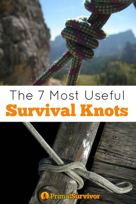 The 7 Most Useful Survival Knots You Need to Know. Rope is one of the most important pieces of survival kit to have in your bug out bag. Improperly tied rope could result in disaster – like when your tarp shelter comes untied and cashes down on you in the middle of a thunder storm or the boat you tied up gets loose and floats downstream.  There are literally thousands of different ways to tie rope.  You probably aren’t going to learn all of them, so start with these 7 most useful survival knots. Survival Knots, Knots Guide, Survival Bag, Survival Supplies, Knots Diy, Rope Knots, Survival Techniques, Bug Out Bag, Emergency Prepping