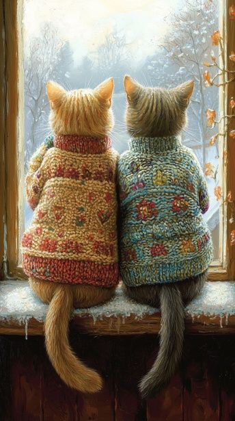 Free image of "Cat Friends At A Window" by Circe Denyer Cats In Sweaters, Cat Friends, Handmade Yarn, Woolen Sweaters, Autumn Clothes, Buy A Cat, Photo Tutorial, Latest Pics, Winter Knits