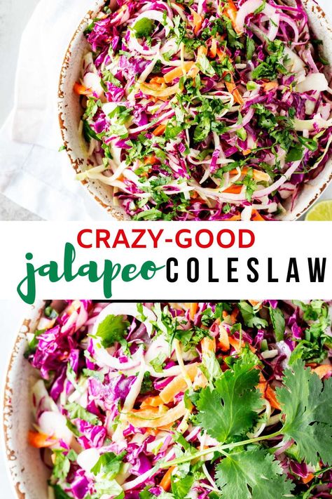 Jalapeno Slaw Recipes, Jalapeno Coleslaw Recipes, Coleslaw Recipe For Brisket, Cole Slaw Recipe No Mayo, Jalapeño Coleslaw, Spicy Coleslaw Recipe, Mexican Coleslaw Recipe, Jalapeno Slaw, Fall Bbq