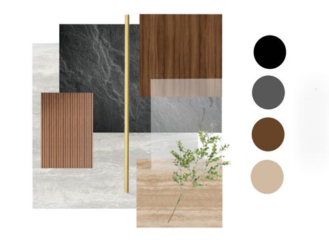 Grey White Brown Interior Design, Material Pallete Interior, Minimalist Material Palette, Walnut Kitchen Mood Board, Digital Material Board Interior Design, Walnut Wood Moodboard, Industrial Color Palette Mood Boards, Mid Century Material Board, Moodboard Kitchen Design