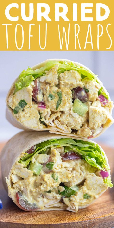 These Vegan Curried Tofu Wraps come together in just about 15 minutes, and they're great for a protein packed lunch! The curry powder adds so much amazing flavor and super firm tofu has great texture. The curry tofu salad can be made ahead of time for easy lunches all week long. #wrap #vegan #curriedtofu #plantbased #lunch Make Ahead Tofu Recipes, Cold Tofu Salad Recipes, Easy Tofu Lunch Recipes, Kale Wraps Vegan, Tofu Wrap Recipe, Vegan Wrap Ideas, Tofu Burrito Recipe, Vegan Work Lunch, Vegan Wrap Recipes