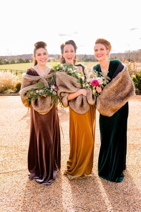 Velvet Dress With Fur Shawl, Fall Bridesmaid Dresses Mismatched Jewel Tones, Velvet Bridesmaid Dresses Winter, Dice Wedding, Jewel Tone Bridesmaid Dresses, Winter Wedding Fur Shawl, Maximalist Wedding, Foundry Wedding, Fur Stole Wedding