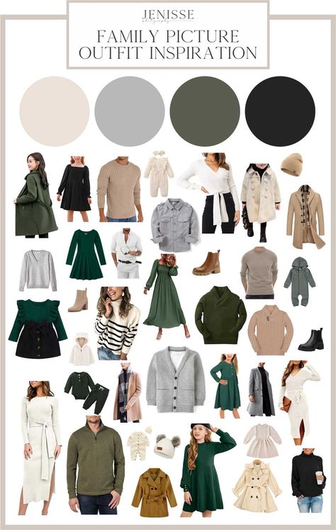 Fall and Winter Outfit Inspiration - Green and Neutrals Green Family Picture Outfits Fall, Family Christmas Photo Outfit Ideas Color Schemes, Winter Family Picture Color Scheme, Grey And Green Family Photo Outfits, Light Green Family Picture Outfits, Green And Beige Family Picture Outfits, Green And White Family Photo Outfits, Family Christmas Pictures Green Dress, Green Navy Cream Family Pictures