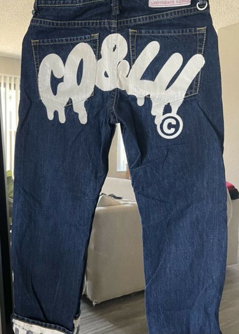 Co & Lu Denim Streetwear From Japan Cocolulu Jeans Custom Diy Clothes, Designs On Jorts, Graphic Jeans Men, 3 Quarter Pants Outfits, Quarter Pants Outfits, Y2k Outfits Roblox Avatar, Jeans Design Ideas, Royale High Y2k, Bape Pants