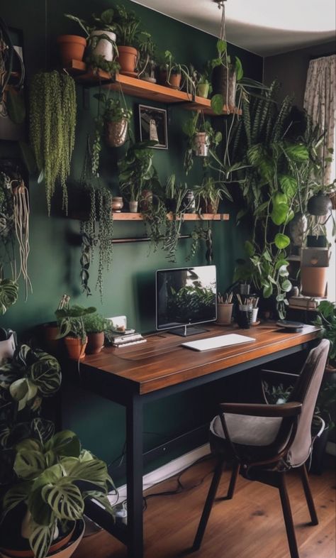 a room with many plants on the desk, in the style of emerald and brown, y2k aesthetic, wood, mirrored, rusticcore, contemporary diy, soft-edged Rock Room, Interior Design Per La Casa, Plant Room, Apartment Decor Inspiration, Room With Plants, Design Del Prodotto, Home Office Setup, Green Rooms, Office Room