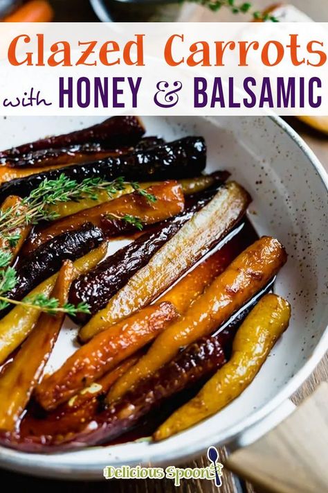 Tender glazed carrots with honey & balsamic vinegar pan-roasted along with fresh thyme. An easy one-pan side dish that only takes 20 minutes. Easy enough for a weeknight dinner and fancy enough to serve for a dinner party. Pairs perfectly with turkey, chicken and lamb and duck. Sometimes you just need to be fancy so I used heirloom carrots for this recipe but your regular orange carrot will do just the same. | @thedeliciousspoon #honeyglazedcarrots #balsamicglazedcarrots #holidaysidedish Vegtables Sides, Honey Balsamic Carrots, Balsamic Glazed Carrots, Carrots With Honey, Balsamic Carrots, Balsamic Carrots Roasted, Heirloom Carrots, Glazed Carrots Recipe, Honey Glazed Carrots