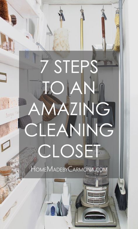 7 Steps To An Amazing Cleaning Closet Organized Broom Closet, Walk In Broom Closet, Organizing Utility Room, Organize Broom Closet, Vacuum Cleaner Storage Closet, Deep Utility Closet, Catch All Closet Organization, Organizing Cleaning Closet, Broom Closet Storage