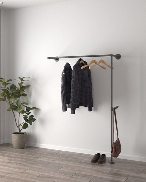 All Clothes Rails – tagged "clothes rail" Free Standing Clothing Rack, No Closet Solutions Bedroom, Industrial Clothes Rail, Pipe Clothes Rack, Minimalist Clothes, Hanging Clothes Racks, No Closet Solutions, Clothes Racks, Bedroom Dressing