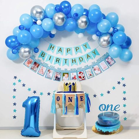 BLUE Party Supplies for ONE Highchair Banner Decorations,Royal Prince Crown,Happy Birthday Banner,12 Months Photo Banner,Blue silver Balloon Garland kit,ONE Cake Topper. 1st Birthday Decorations Boy, First Birthday Balloons, Birthday Decorations At Home, Boy Birthday Decorations, Baby Birthday Decorations, Simple Birthday Decorations, First Birthday Party Decorations, Baby Boy First Birthday, 1st Birthday Themes