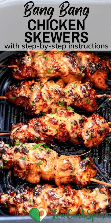 Try these Air Fryer Bang Bang Chicken Skewers—they're easy to make, juicy, and covered in a sauce that's both sweet and spicy. They cook in under 30 minutes, making them perfect for a quick, tasty, and low-carb meal. These skewers strike a nice balance between sweet and spicy, making them great for appetizers or a main dish. Low Carb Chicken Skewers, Mini Chicken Kabobs Appetizers, Thai Chicken Skewers Grilled, Healthy Dinner Appetizers, Thai Chicken Kabobs, Boom Boom Chicken Skewers, Chicken On A Skewer, Chicken Skewer Appetizer Recipes, Air Fryer Chicken Kebab