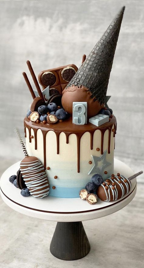 Chocolate Theme Cake, Grey Cake Ideas, Light Blue Birthday Cake, Boy Cake Ideas, Chocolate Drip Cake Birthday, Purple Icing, Birthday Cake Images, 72nd Birthday, Grey Cake