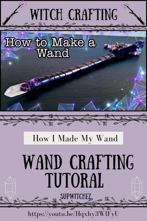 A spiral wire wrapped wand with a quartz point top and amethysts sphere bottom. The words say "wand crafting tutorial" Making A Wand Witches, How To Make A Witches Wand, Making Wands Diy, Diy Wand Witchcraft, Polymer Clay Wands Diy, Crystal Wands Diy How To Make, Diy Witchcraft Tools, Diy Witch Wand, Diy Wand Wicca