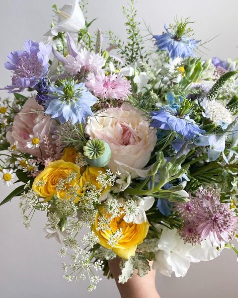 Somerset Countryside inspired wedding bouquet. Full of the joys of June with locally grown beauties throughout. Quintessential English country garden blooms with texture offered up in abundance evoking that soft Somerset hedgerow feel. Pretty pastel wedding flowers, meadow inspired wedding bouquet, wild multi coloured bouquet Flowers Meadow, Meadow Wedding, English Flowers, Wildflower Wedding Bouquet, Country Bouquet, Pastel Wedding Flowers, Pastel Bouquet, Wedding Flower Packages, Country Garden Weddings