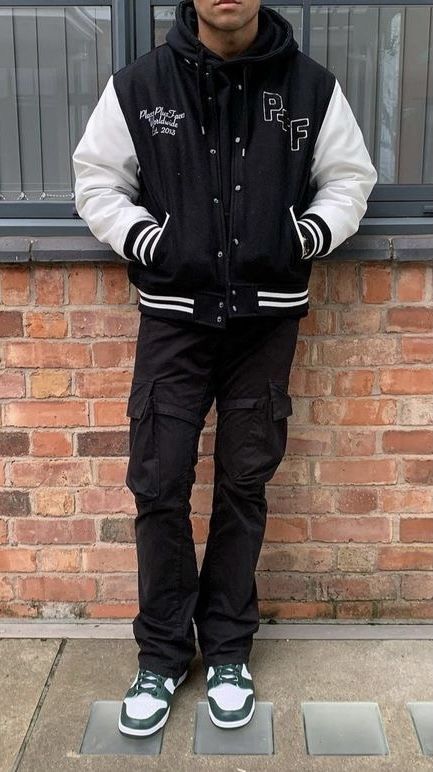 Cargo Pants Outfit Street Style For Men, Guys Streetwear, Varsity Jacket Outfit Mens, Letterman Jacket Outfit, Baseball Jacket Outfit, Varsity Jacket Outfit, Spiritual Fashion, Black Outfit Men, Trendy Boy Outfits