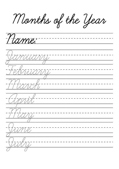 12 Months Of The Year Cursive Handwriting Worksheets! E89 Days Of The Week Cursive Handwriting, Cursive Days Of The Week, Letters In Cursive, Tracing Cursive Letters, Cursive Alphabet Printable, Cursive Handwriting Sheets, Cursive Writing Book, Cursive Tracing, Cursive Practice Sheets