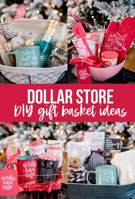 Use dollar store items to create beautiful, themed gift baskets. Personalize them with a Cricut for a finishing touch! Dollar Store Gift Basket Ideas, Diy Gift Basket Ideas, Relaxation Gift Basket, Diy Gift Basket, Dollar Store Gifts, Creative Gift Baskets, Dollar Tree Gifts, Homemade Gift Baskets, Christmas Gift Baskets Diy