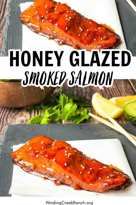 Easy-to-master honey glazed smoked salmon recipe topped with homemade honey glaze and garnished with sesame seeds on a serving platter. Honey Smoked Salmon, Smoked Salmon Recipe, Pellet Smoker Recipes, Honey Glazed Salmon, Salmon Glaze Recipes, Honey Salmon, Smoked Salmon Recipes, Traeger Recipes, Pellet Grill Recipes