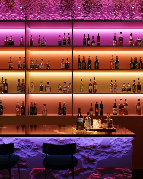 Nightclub Bar Design, Led Restaurant, Small Nightclub Design, Bar Business Ideas Interior Design, Fun Bar Ideas, Bar Led Lighting, Pop Bar Design, Colorful Bar Design, High End Bar