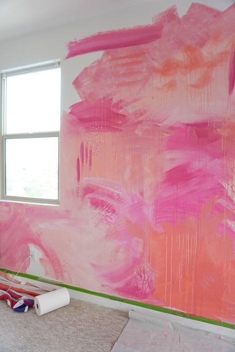 How To Make Wall Paint Look Like Watercolor, How To Paint An Abstract Wall Mural, Pink Wall Murals, Spray Paint Interior Walls, Diy Abstract Wall Mural Ideas, Mural Office Wall, Neon Wall Mural, Abstract Mural Painting, Playroom Wall Painting