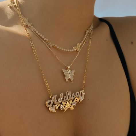 Name Plate Necklace Gold, Bylolita Jewelry, Wedding Anklets, M Jewelers, Initial Earrings, Stacked Necklaces, Nameplate Necklace, Evil Eye Ring, Gold Name Necklace