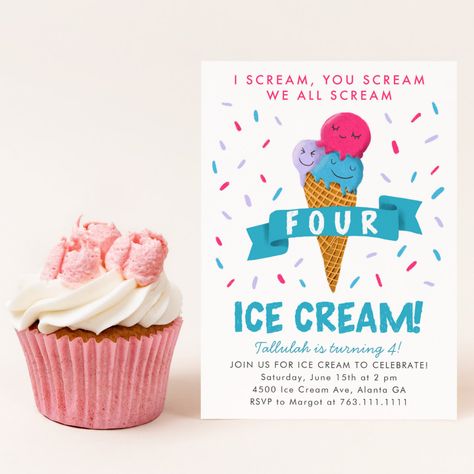 I Scream Four Ice Cream Party, Template Invitation Card, Printable Ice Cream, Ice Cream Kids, Summer Birthday Invitations, Ice Cream Pink, 4th Birthday Party, Colorful Ice Cream, Ice Cream Theme