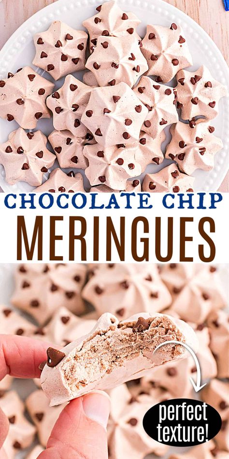 Chocolate Meringue Cookies are easy-to-make, melt-in-your-mouth treats with BIG chocolate flavor! Just a few ingredients are needed to make these fun, delicious cookies! Dark Chocolate Meringue Cookies, Chocolate Chip Meringues, Stuffed Meringue Cookies, Hot Chocolate Meringue Cookies, Chewy Meringue Recipe, Meringue Cookie Flavors, Keto Meringue Cookies, Merange Cookies Meringue, Meringue Flavors