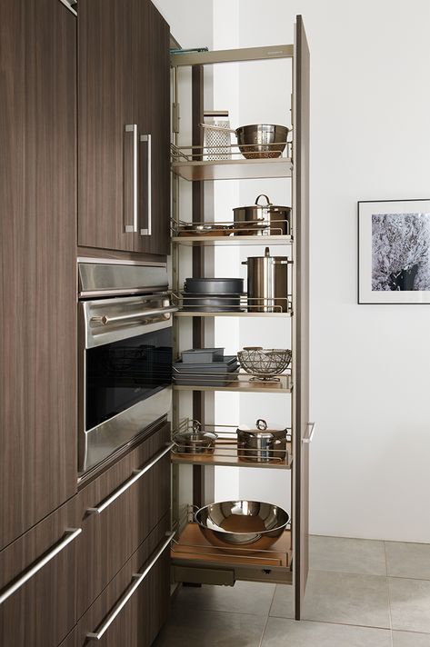 Tall pull-out pantry, as shown in the contemporary Expressions kitchen by #WoodMode. Contemporary Kitchen Cabinets, Old Kitchen Cabinets, Dark Wood Kitchens, Kitchen Pantry Cabinets, Kitchen Cabinet Remodel, Classic Kitchen, Kitchen Storage Solutions, Modern Kitchen Cabinets, Smart Kitchen