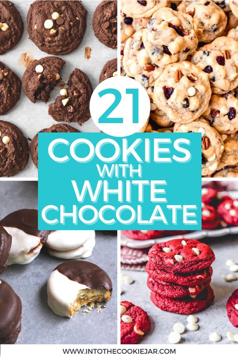 White Chocolate Chip Recipes Easy, Chocolate White Chip Cookie Recipes, Chocolate Cookie With White Chips, White Chip Cookies Recipes, White Chocolate Chocolate Cookies, Cookie Recipes White Chocolate Chips, Christmas Cookies White Chocolate, White Chocolate Christmas Cookies, White Chocolate Cookies Recipes