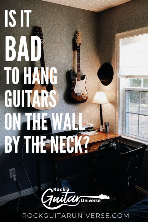 Is It Bad To Hang Guitars On The Wall By The Neck? – Rock Guitar Universe Hang Guitar On Wall, Guitar Hanging Ideas, Guitars On The Wall, Guitar Room Decor, Room Aesthetic Grunge, Room Aesthetic Dark, Ukulele Wall Mount, Music Room Office, Hanging Guitars