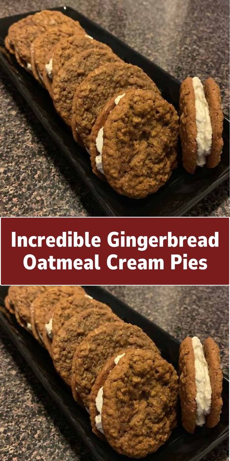 A festive treat combining the warm flavors of gingerbread with the creamy sweetness of oatmeal cream. These pies feature soft gingerbread cookies filled with a luscious oatmeal cream filling. Gingerbread Oatmeal Cream Pies, Gingerbread Oatmeal Creme Pie, Gingerbread Oatmeal, Oatmeal Cream Pie, Soft Gingerbread, Week Meals, Oatmeal Creme Pie, Soft Gingerbread Cookies, Oatmeal Cream Pies