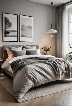 Room Ideas For Men Bedroom Minimalist, Men Bedroom Color Ideas, Light Grey And Beige Bedroom, Modern Cozy Bedroom Neutral Grey, Grey Bedroom Color Palette, Modern Men’s Bedroom, Modern Cozy Bedroom Neutral, Bedroom Romance, Dream Condo