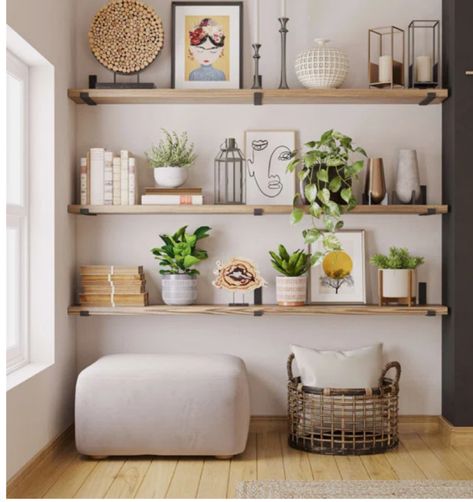 Large Wall Floating Shelves, Shelving Ideas For Living Room Wall, Floor To Ceiling Floating Shelves, Oak Shelves Living Room, Wall Of Shelves Living Room, Long Shelves On Wall, Floating Bookshelves Living Room, Stores Fake, Wall Shelving Ideas