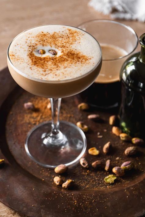 Pistachio Espresso Martini Martini Flavors, Espresso Martini Recipe, Pistachio Shells, Date Night At Home, Pistachio Butter, Espresso Beans, Vanilla Vodka, Night At Home, Flavored Syrup