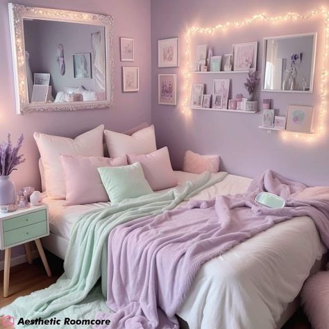 Pastel Purple Aesthetic Room Decor 💜🤍💜🤍💜 #pastelpurple #pastelpurpleaesthetic #pastelpurpledecor #pastelpurpleroom #aestheticroom #roomdecor #tumblrroom #coolroom #coolrooms #cuteroom #pastelroom #bedroomdecor #bedroomstyling #bedroomstyle Pastel Interior Aesthetic, Aesthetic Bedroom Design Ideas, Room Ideas For Purple Walls, Green Purple Room Aesthetic, Pink And Purple Room Paint, Light Purple Wall Room Ideas, Purple Pink Room Ideas, Purple Teen Girl Room, Vibe Bedroom Aesthetic