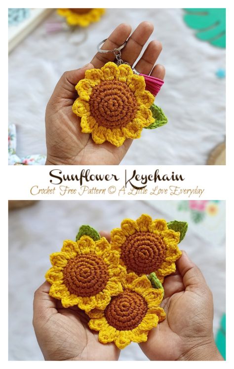 Sunflower Keychain Crochet Free Pattern Fall Crochet Keychain Pattern, Crochet Teacher Gifts Free Pattern, Poppy Crochet, Sunflower Keychain, Diy Crochet Flowers, Keychain Pattern, Festival Ideas, Keychain Crochet, Crochet Keychain Pattern