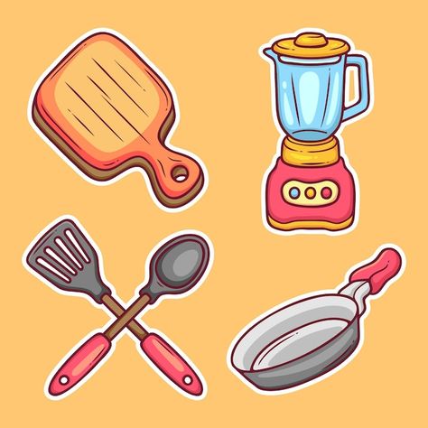 Kitchen Tools Illustration, Kitchen Tools Drawing, Vector Kitchen, Kitchen Tools And Equipment, Kitchen Elements, Kitchen Drawing, Kitchen Stickers, Fridge Stickers, Easy Pixel Art