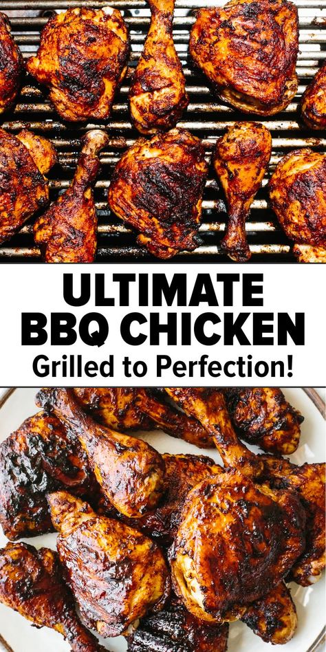 BBQ chicken on a grill and plate Grilled Chicken Salad Recipes, Bbq Grilled Chicken Recipes, Grill Shrimp, Grilled Chicken Sandwich Recipes, Grilled Chicken Drumsticks, Grilled Dinner Recipes, Best Bbq Chicken, Grilled Chicken Breast Recipes, Barbeque Recipes