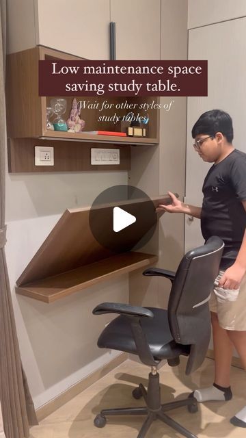 Ekta Badiani on Instagram: "Low Maintenance Space saving study table! #interiorconsultant #interiordesign #interiordesigner #homedecor #interiors #interiorlovers #interiorproperty #designandbuild #luxurylifestyle #interiorinspiration #interiordesignservice #jakarta #furnituredesign #inspiration" One Room Office Design, Study Table Attached To Bed, Study Table Extension Ideas, Small Room Study Table Ideas, Folded Study Table Ideas, Pull Down Craft Table From Wall, Study Table Design For Small Room, Study Table In Small Bedroom, Study And Computer Table Ideas