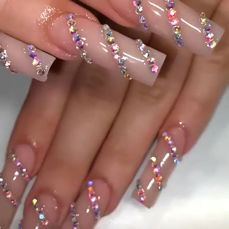 Extra Long Press Nails In Creamy White Rhinestone - Temu Fake Nails Long, Long Press On Nails, Nails Design With Rhinestones, Shiny Nails, Bling Acrylic Nails, Gem Nails, Diamond Nails, Crystal Nails, Luxury Nails