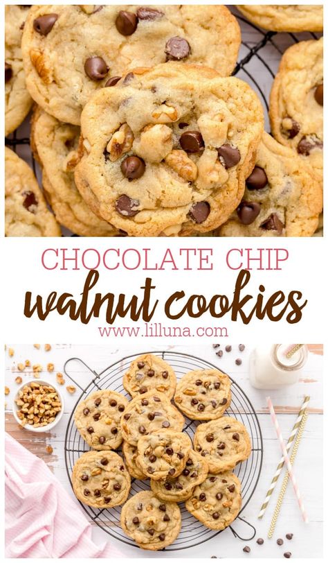 Chocolate Chip Recipes Easy, Walnut Cookie Recipes, Crunchy Chocolate Chip Cookies, Chocolate Chip Walnut Cookies, Dark Chocolate Recipes, Stuffed Cookies, Walnut Recipes, Fresh Baked Cookies, Walnut Cookies